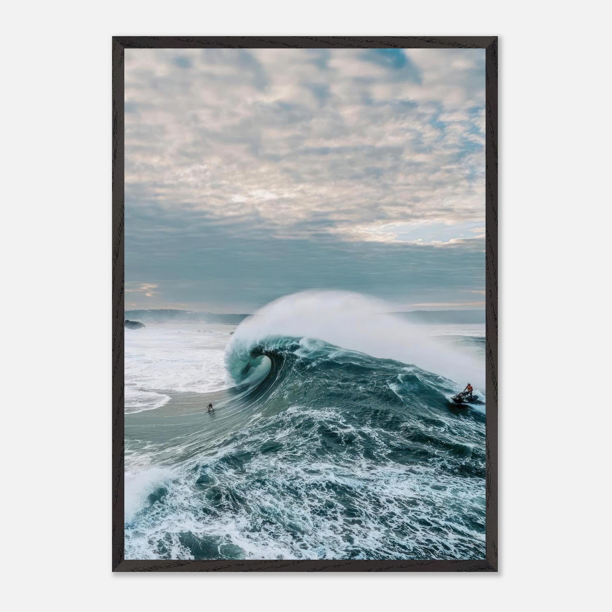 Big Wave Surfing Vintage Framed Print showcasing a surfer riding a massive wave against a dramatic sky.