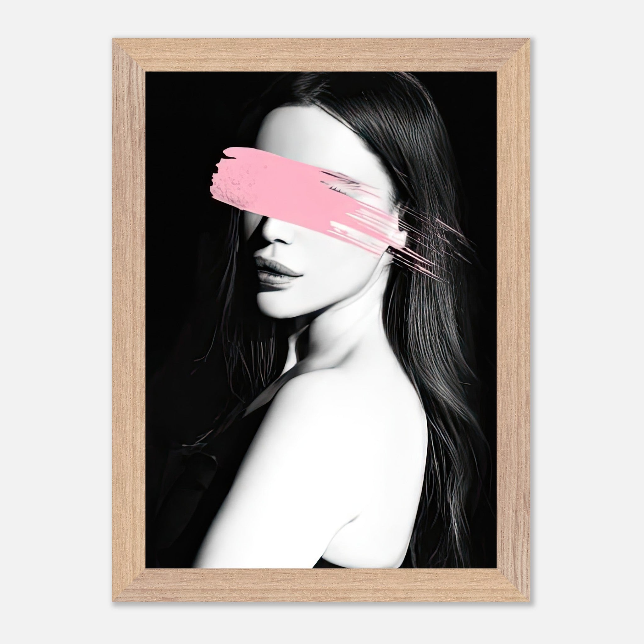 Vintage framed print "Pink Blindness" featuring a monochromatic portrait with a pink brushstroke obscuring the eyes.