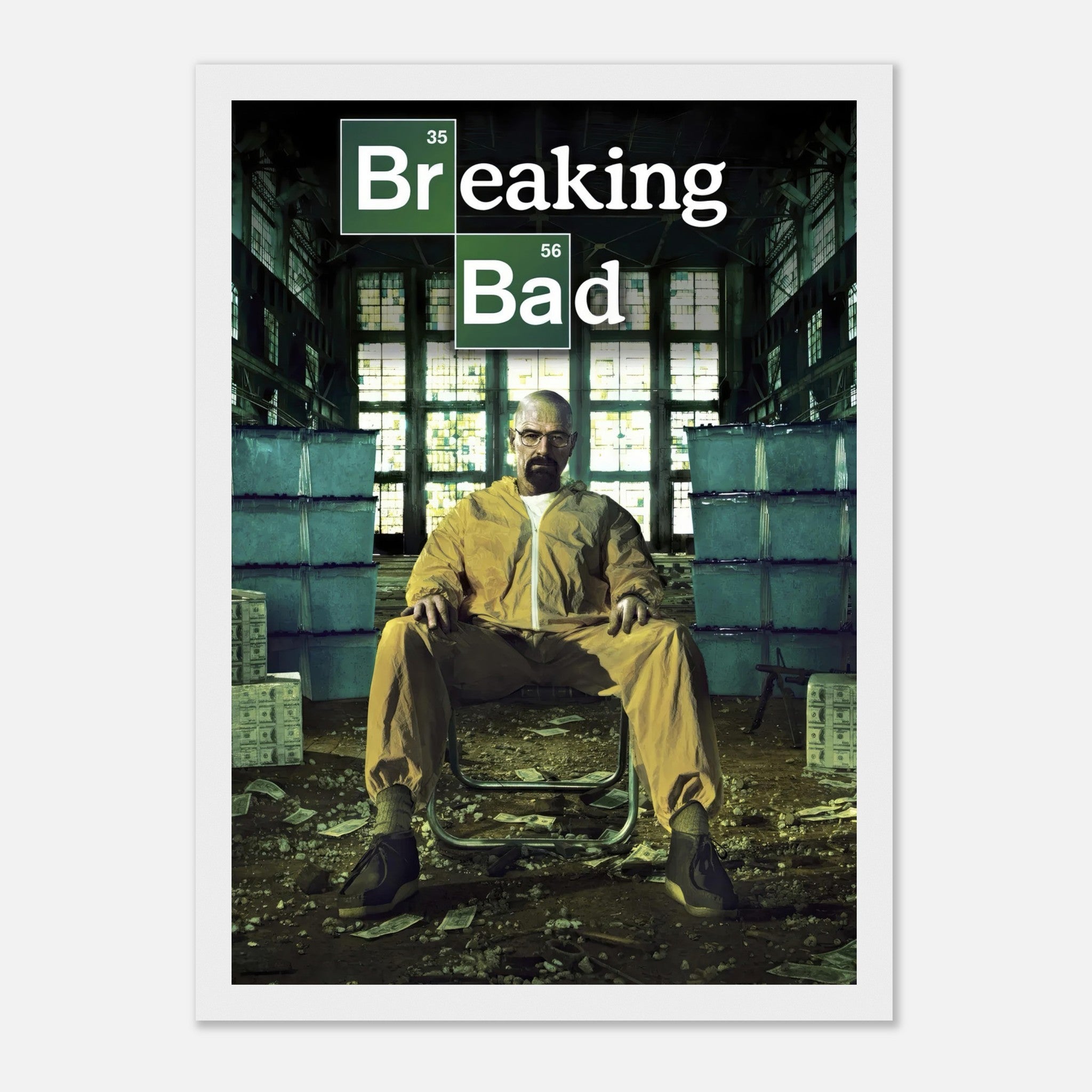 Walter White framed poster from Breaking Bad, showcasing his iconic yellow hazmat suit in a dramatic setting.