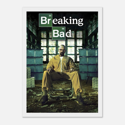 Walter White framed poster from Breaking Bad, showcasing his iconic yellow hazmat suit in a dramatic setting.