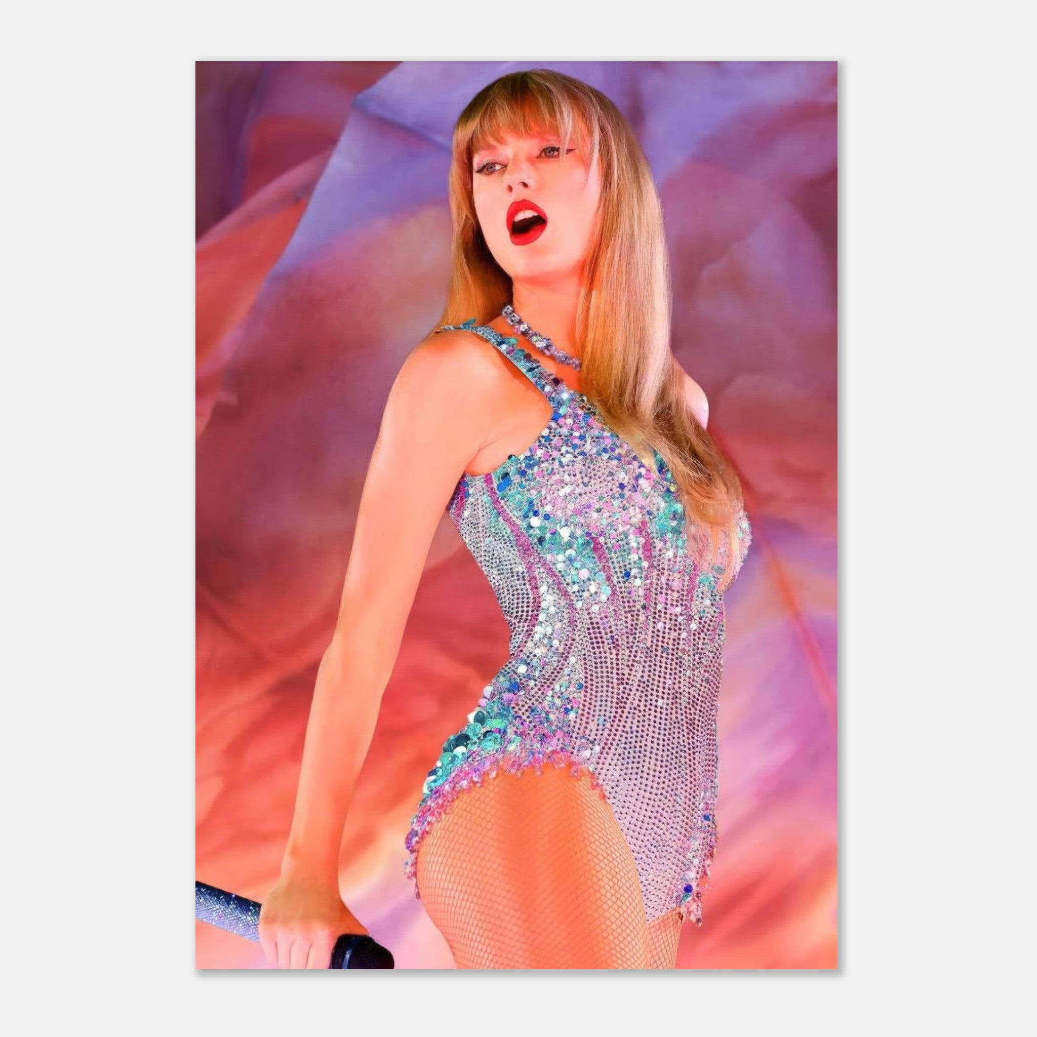 Taylor Swift performing in a sparkling costume during The Eras Tour, showcasing her vibrant energy and iconic style.