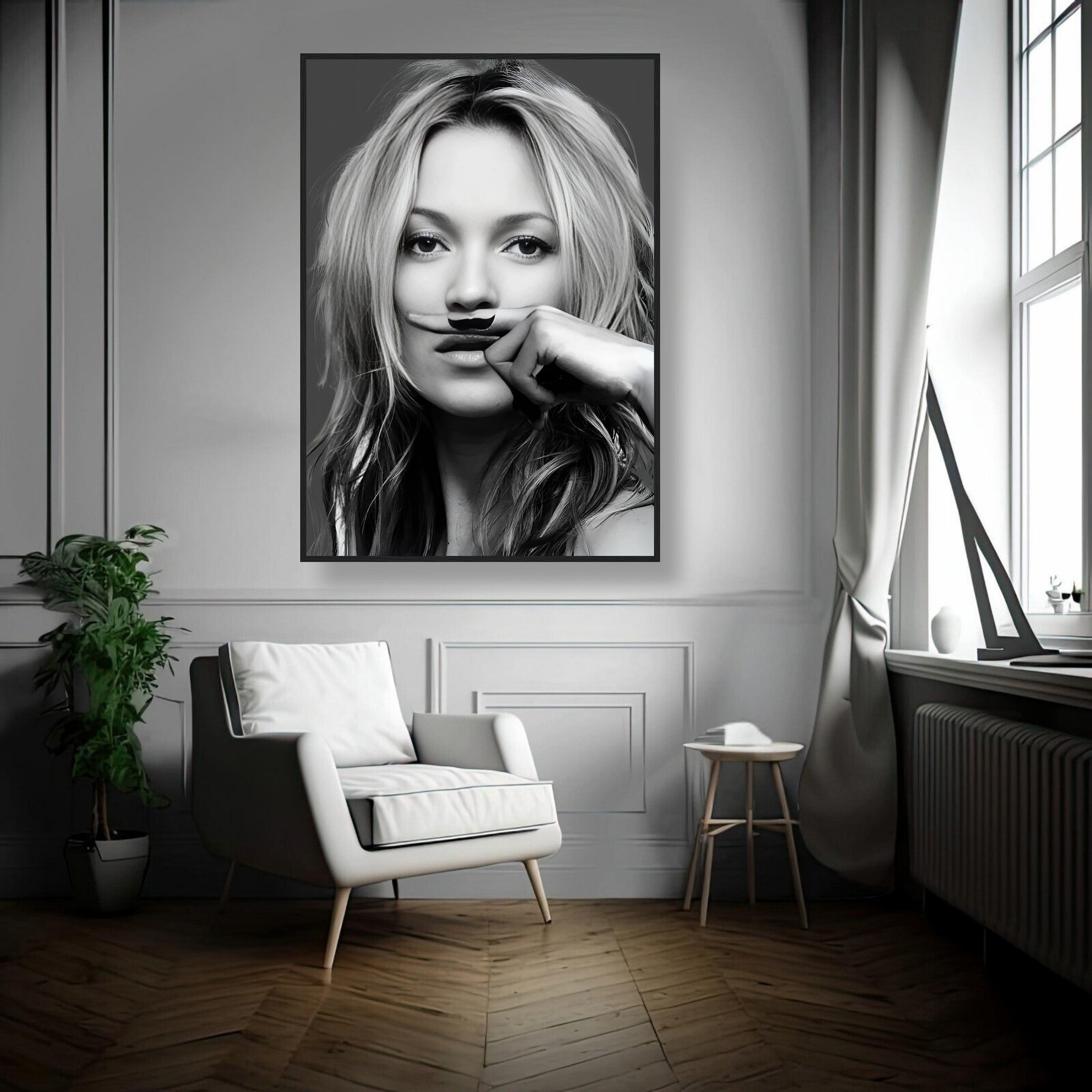 Kate Moss Mustache Framed Print in a stylish living room, showcasing a playful black-and-white portrait with elegant decor.