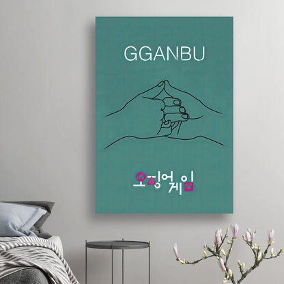 GGANBU Squid Game poster featuring minimalist artwork of a handshake on a teal backdrop, symbolizing friendship.