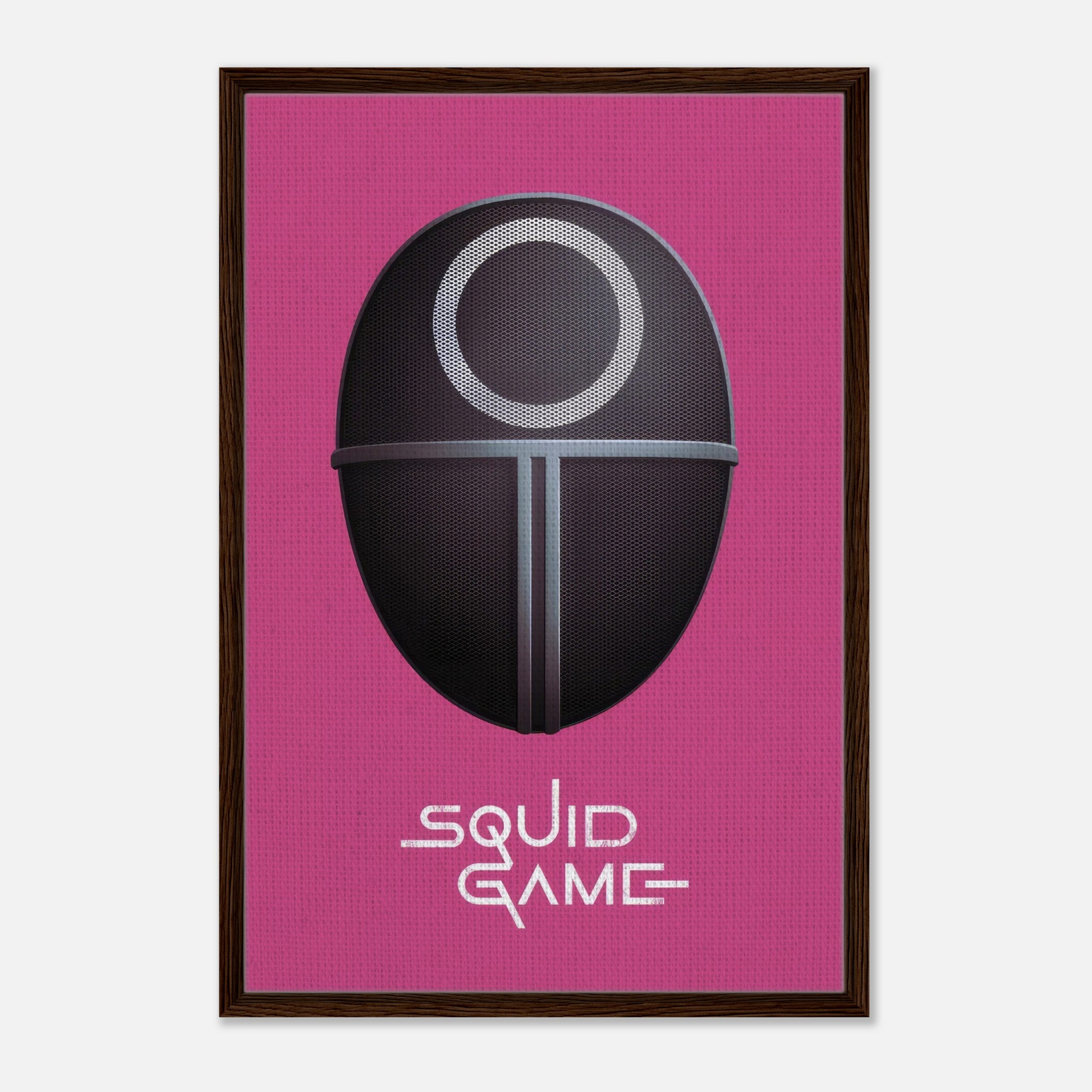 Squid Game Guard Mask framed canvas print on a bold magenta background, perfect wall art for fans of the series.