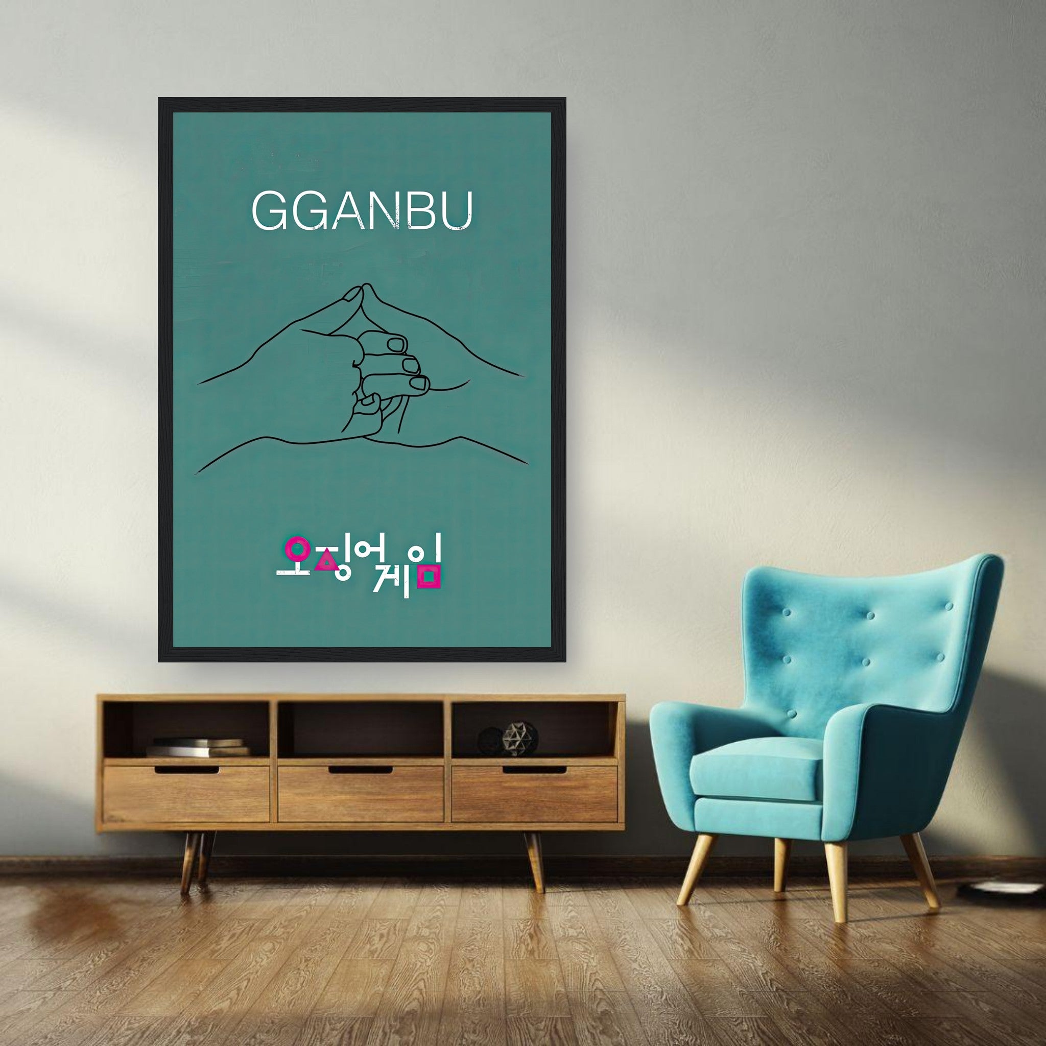 GGANBU Squid Game framed print featuring iconic handshake design on teal background in modern living room decor.