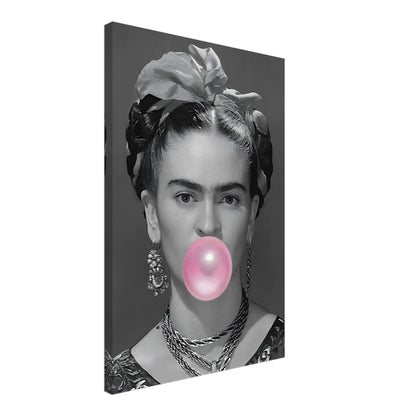 Frida Kahlo Bubble Gum Canvas in grayscale with vibrant pink bubble gum detail, showcasing playful modern artistry.