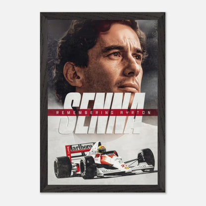 Fine art print of Ayrton Senna featuring his portrait and racing car, honoring the legacy of the F1 legend.