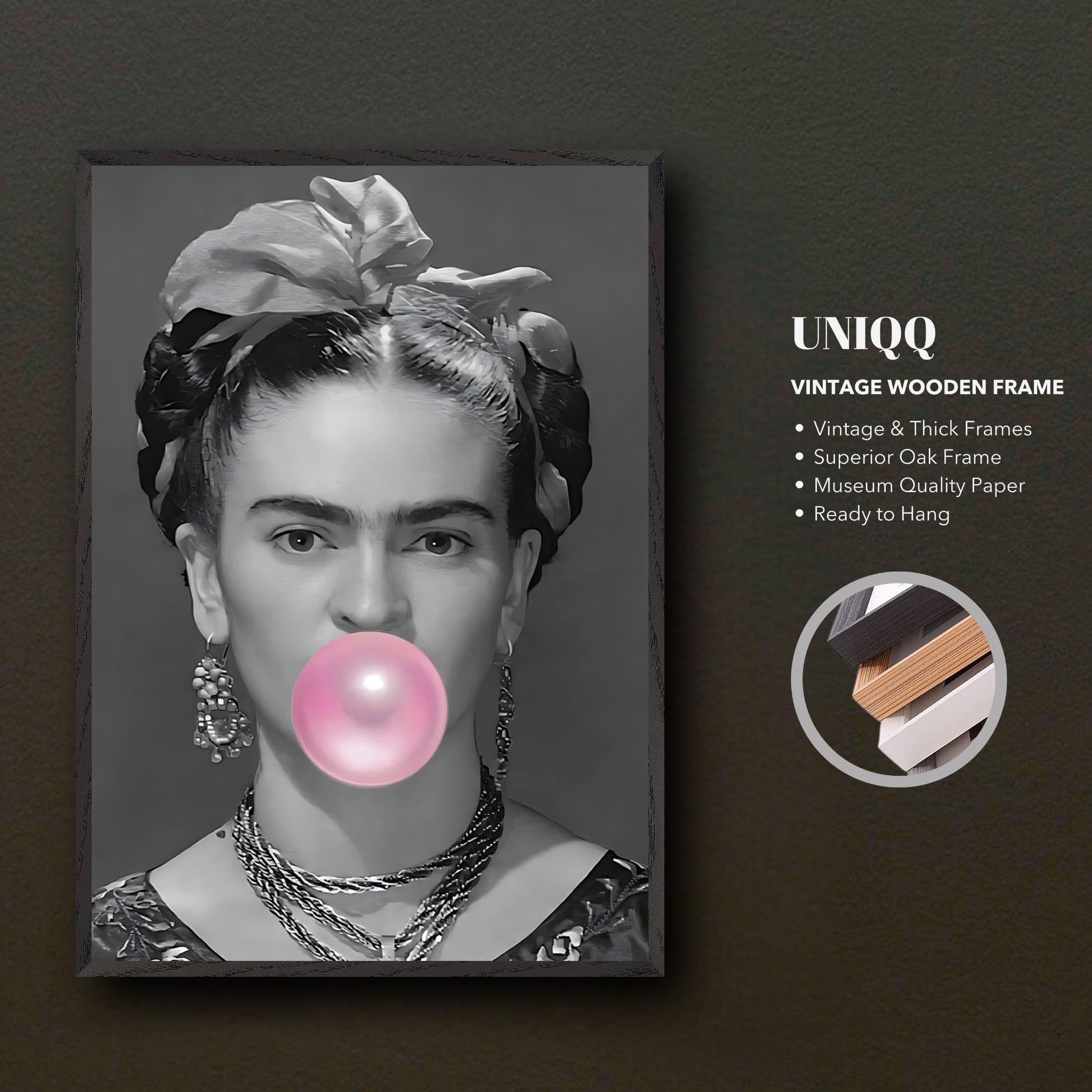 Frida Kahlo vintage framed art with bubble gum, black-and-white photograph in oak frame, ready to hang decor.