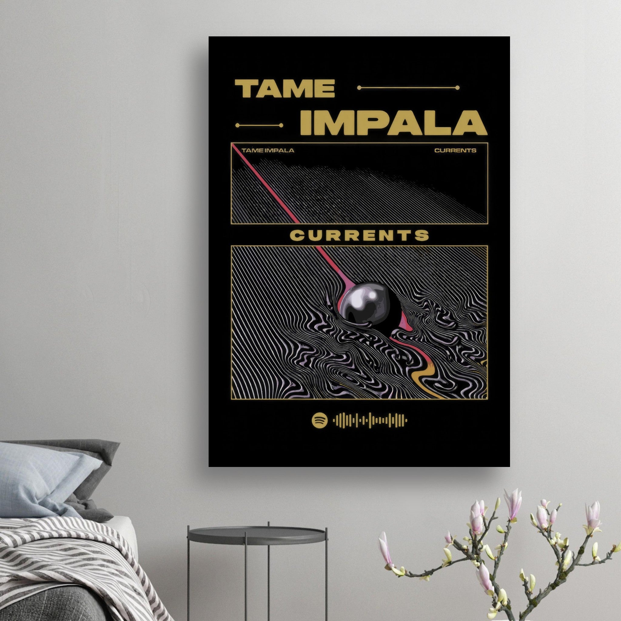 Tame Impala Currents metal poster showcasing abstract design and bold colors on a sleek black background.