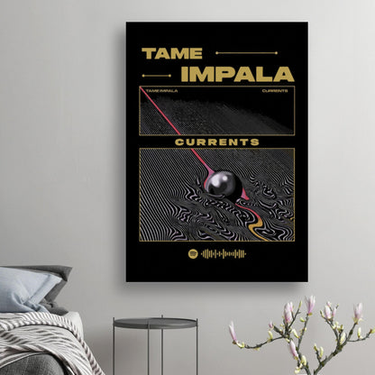 Tame Impala Currents metal poster showcasing abstract design and bold colors on a sleek black background.