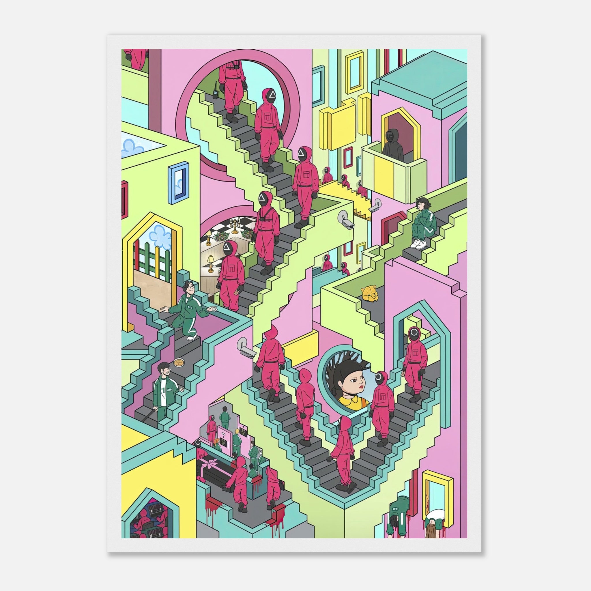 Squid Game Stairs framed print featuring vibrant pastel design and iconic labyrinthine staircase scene.