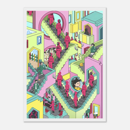 Squid Game Stairs framed print featuring vibrant pastel design and iconic labyrinthine staircase scene.