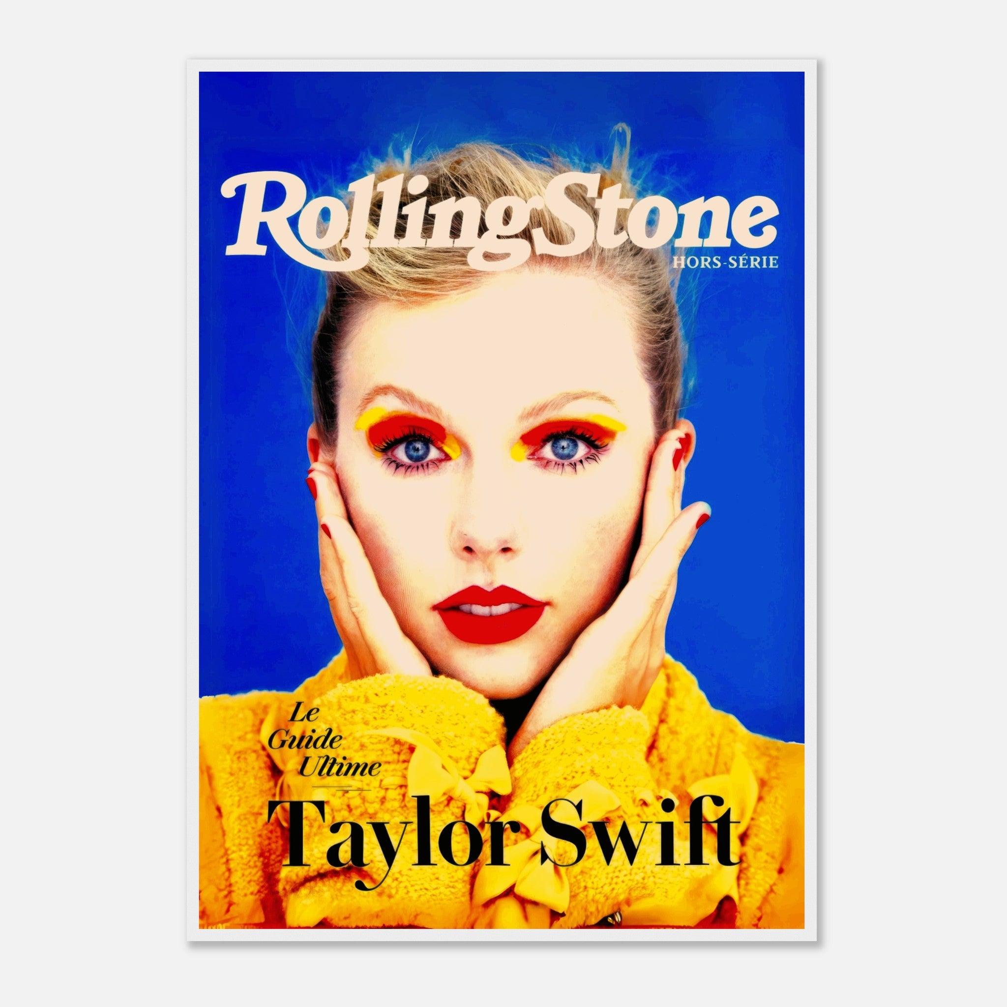 Taylor Swift Rolling Stone magazine cover framed print featuring vibrant colors and a striking close-up portrait.