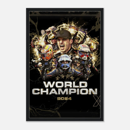 Max Verstappen 2024 F1 World Champion framed canvas print showcasing iconic racing moments in vibrant detail.