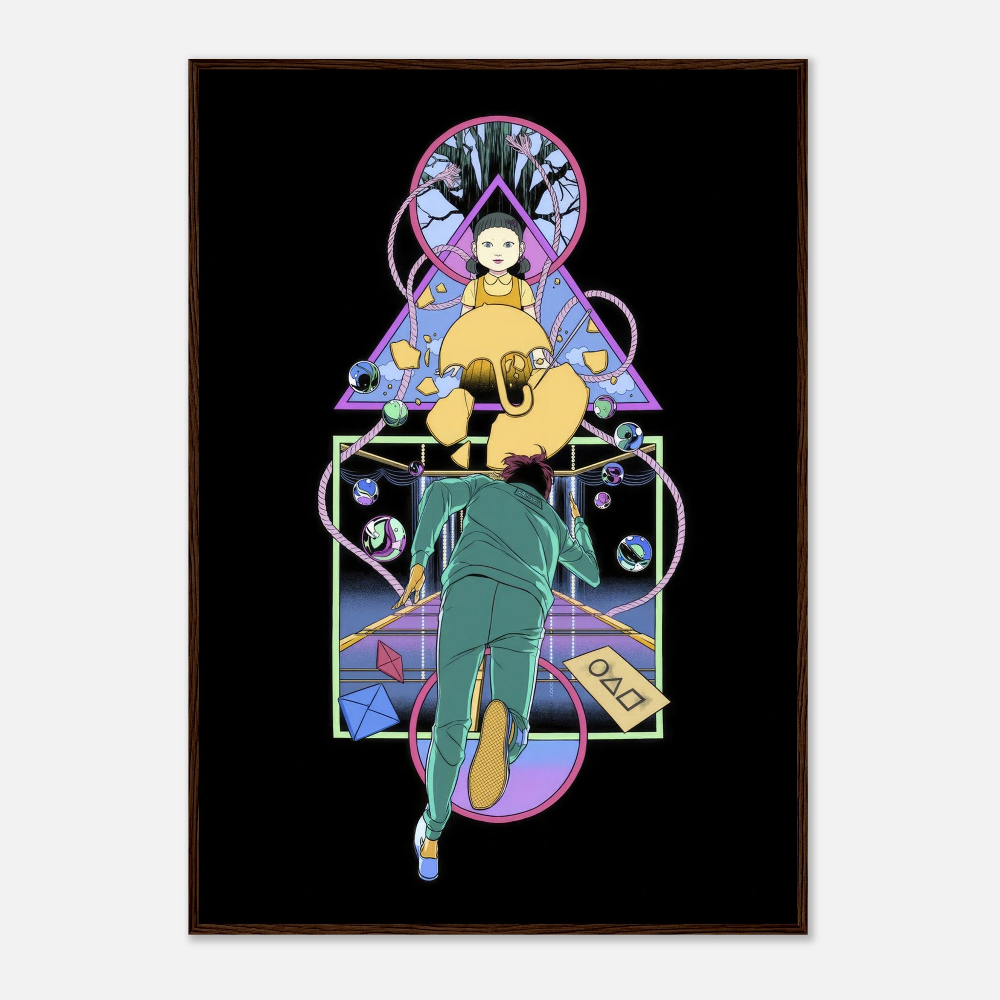 "Doll Squid Game framed print featuring iconic doll and a player in a colorful, dramatic scene."