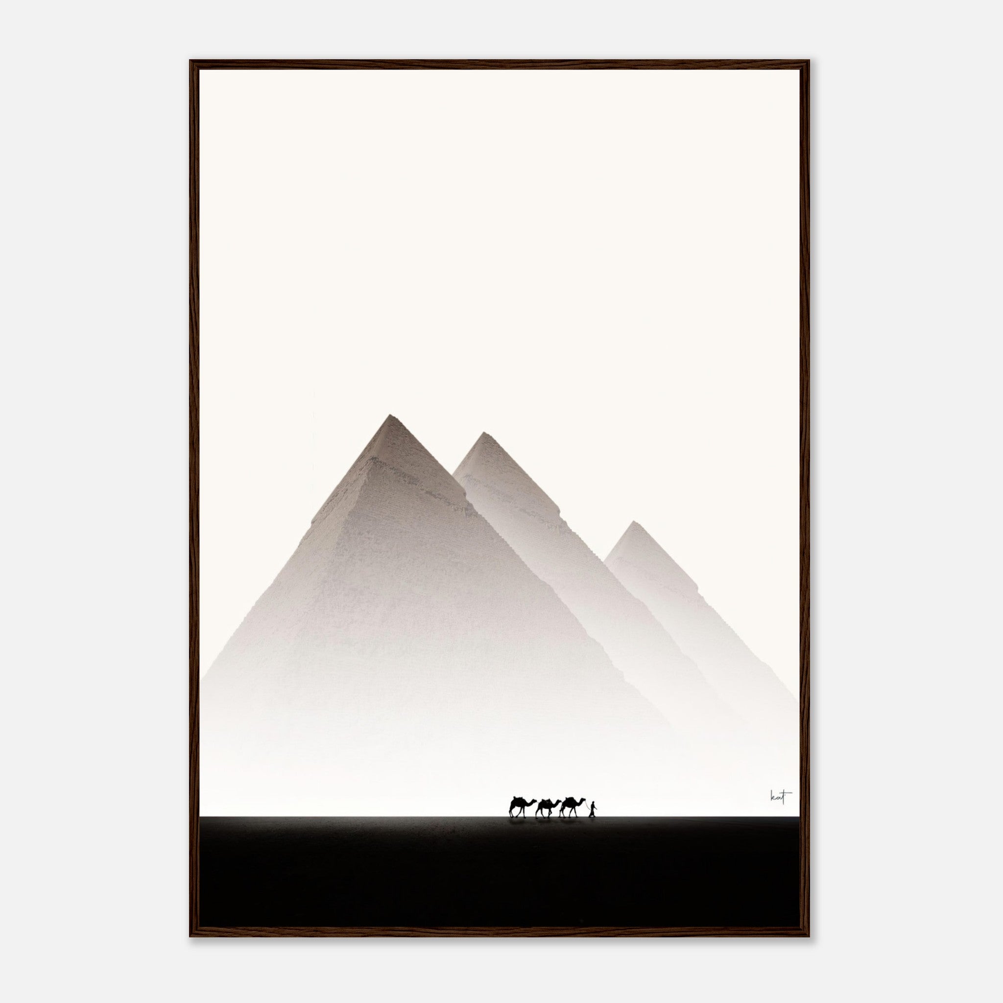 Framed print of the Pyramids of Giza with silhouettes of camels, showcasing Egypt travel photography in minimalist style.