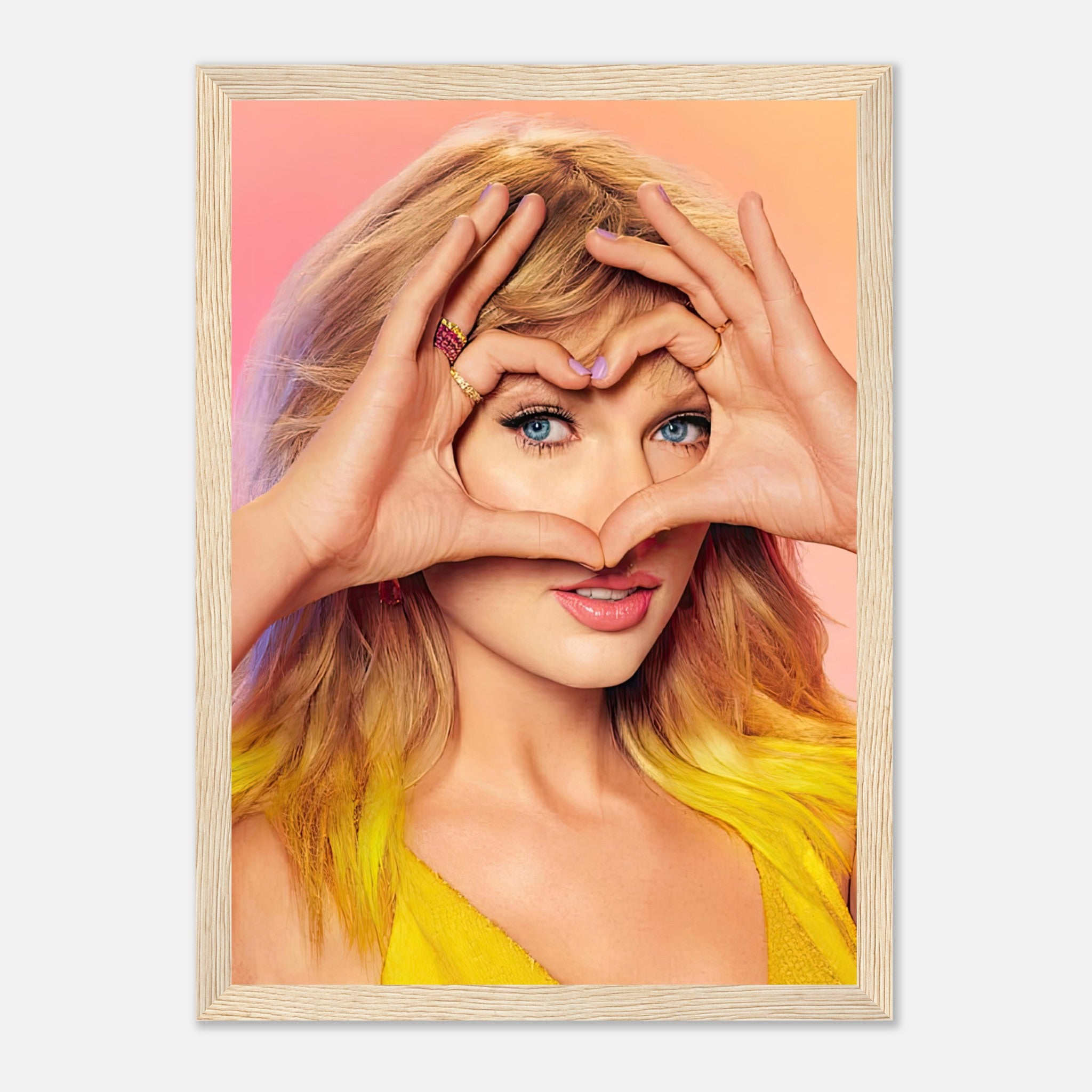 Taylor Swift Fan Love framed print featuring Taylor Swift making a heart gesture with her hands, vibrant colors and detailed artwork.