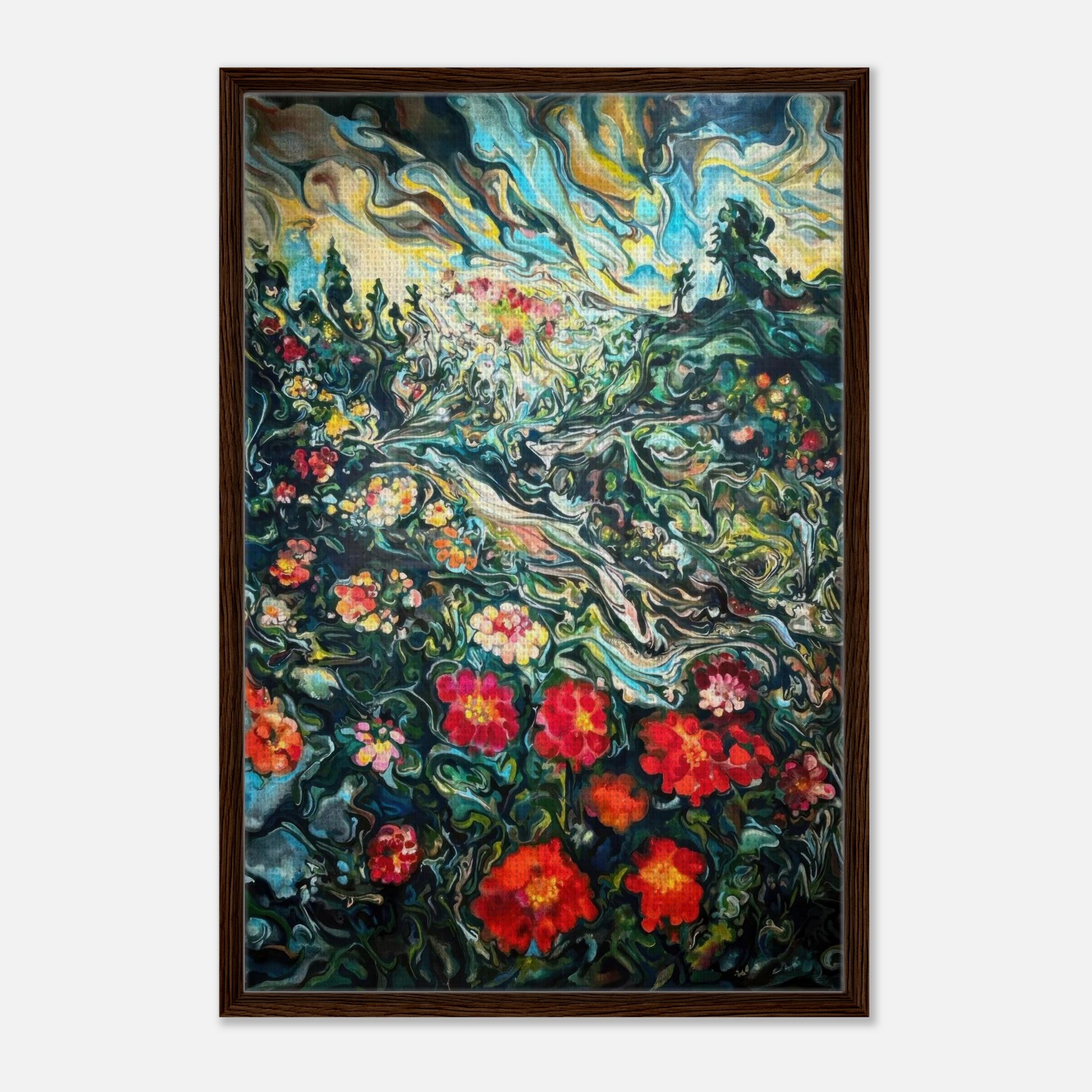 Abstract floral landscape painting in a framed canvas print, showcasing vibrant colors and dynamic brushstrokes.