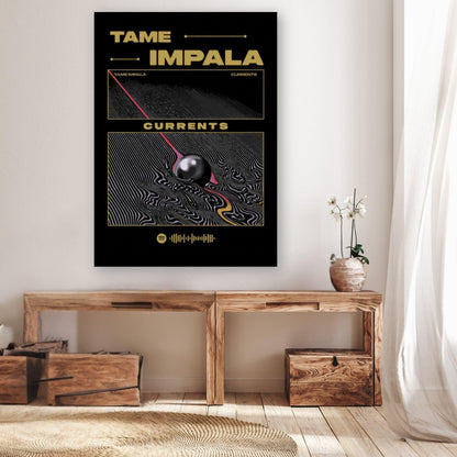 Tame Impala Currents metal poster displayed in a modern interior, featuring vibrant artwork and a sleek black background.