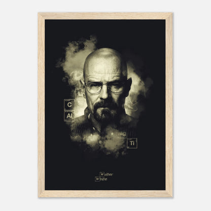 Walter White Heisenberg framed poster showcasing the iconic character from Breaking Bad in a dark, smoky design.