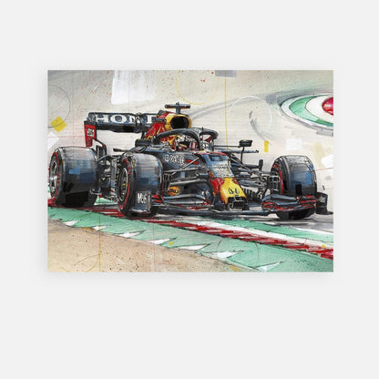 Max Verstappen F1 Red Bull car painting poster showcasing vibrant colors and dynamic details on premium paper.