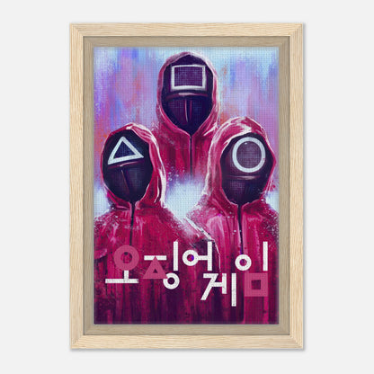 Framed canvas print of Squid Game masked guards in red uniforms with geometric symbols and Korean text.