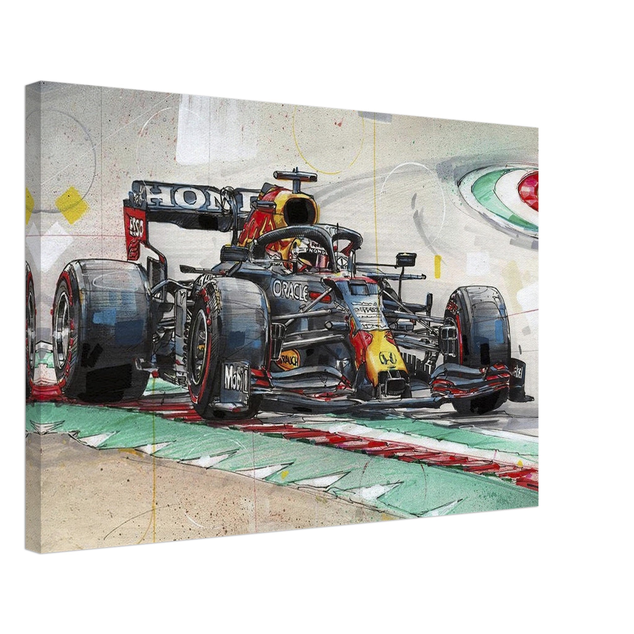 Max Verstappen painting on canvas featuring his F1 car in action with vibrant colors and dynamic details.