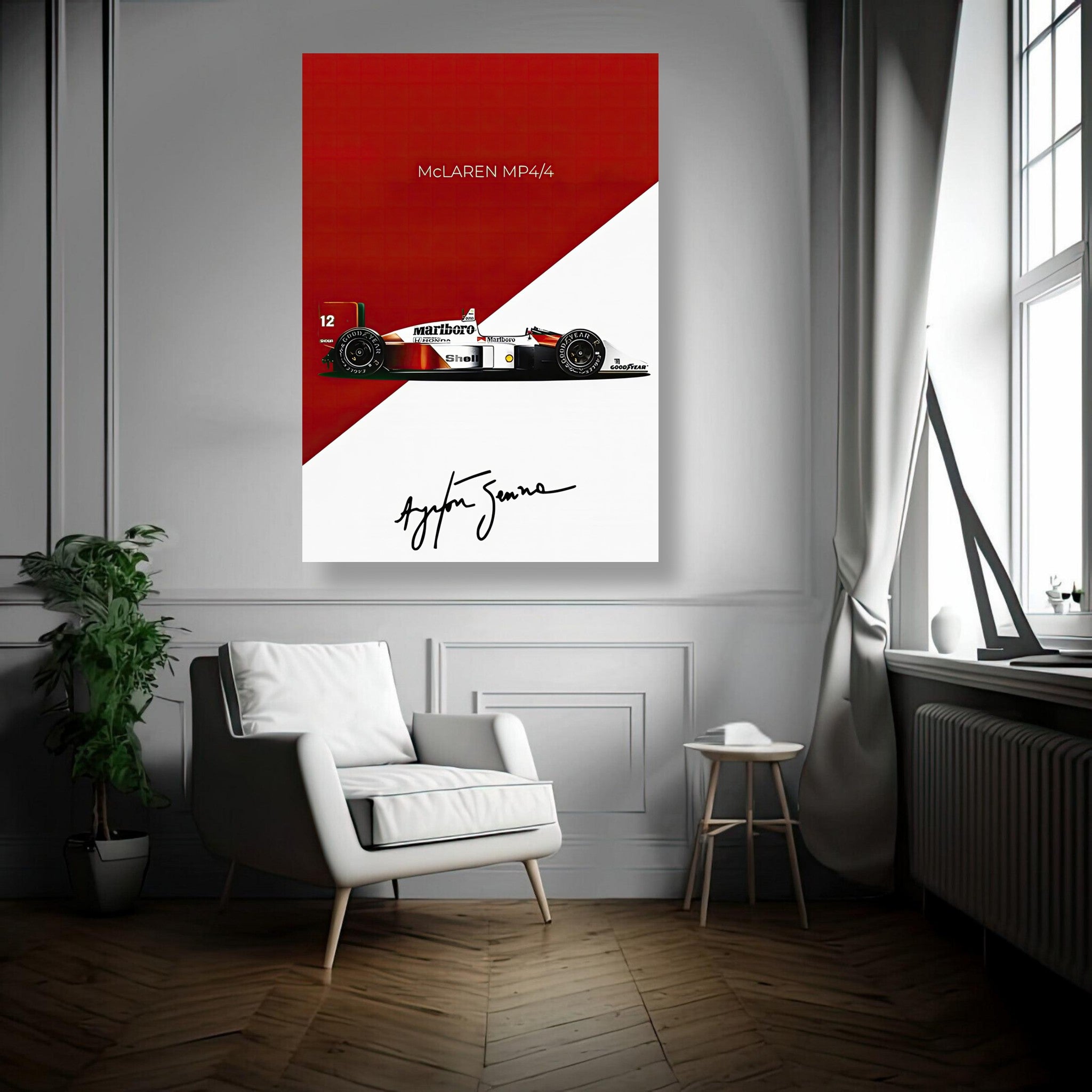 Ayrton Senna McLaren MP4/4 metal print showcasing iconic car design in red and white with signature, perfect for Formula 1 fans.