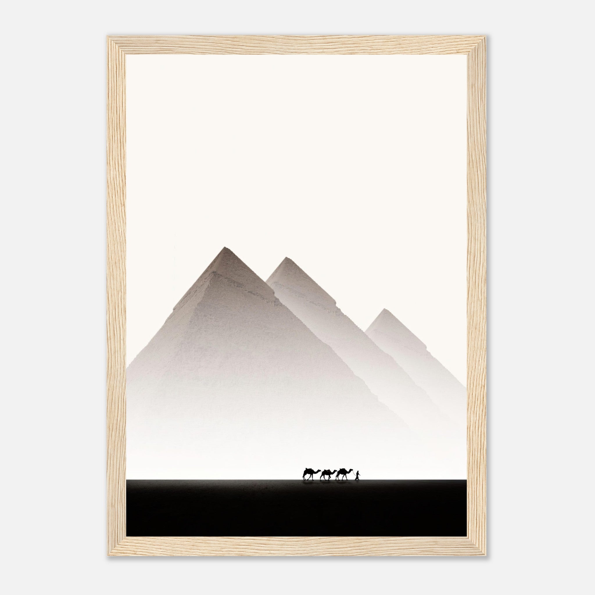 Framed print of the Pyramids of Giza with camels, showcasing stunning Egypt travel photography in minimalist style.