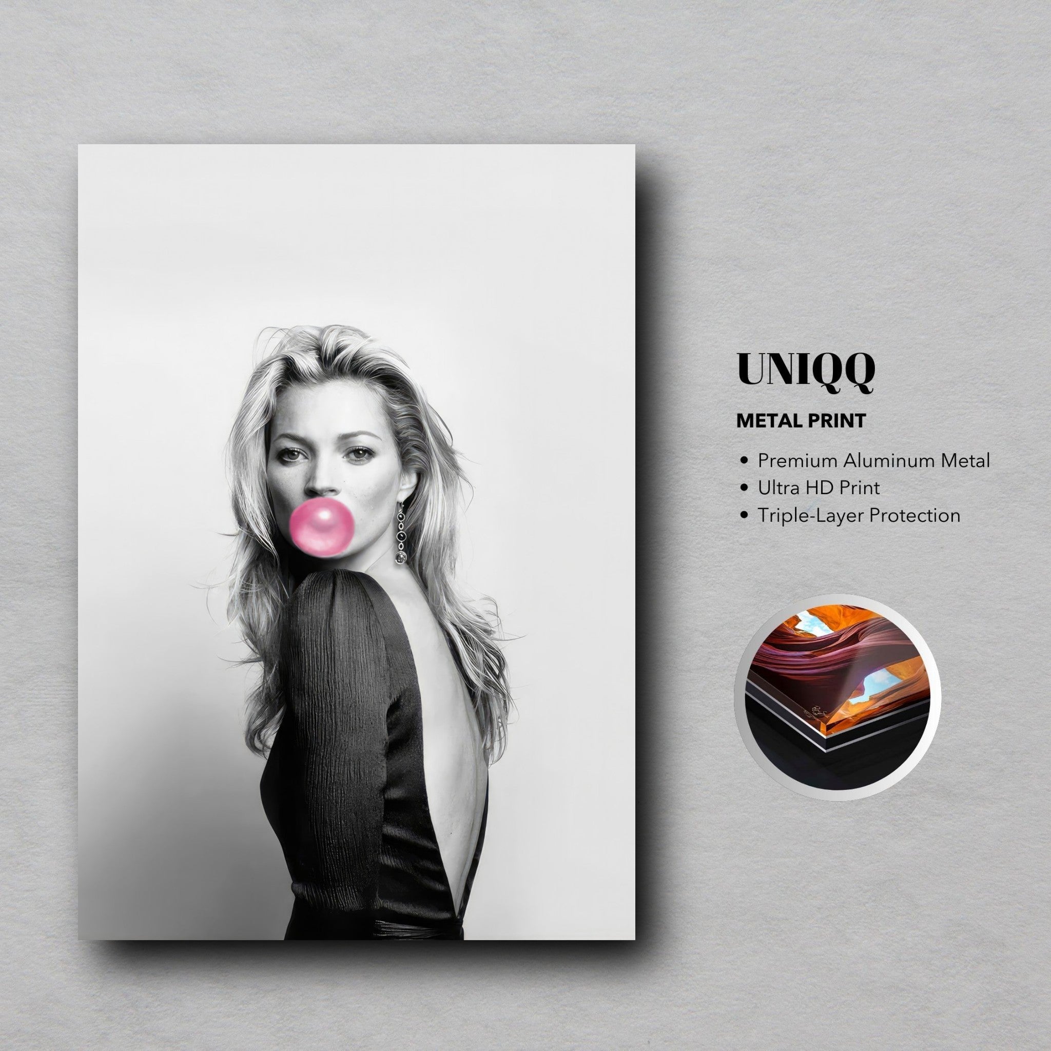 Kate Moss Bubble Gum metal print, black-and-white portrait with pink bubble, modern wall art for stylish decor.