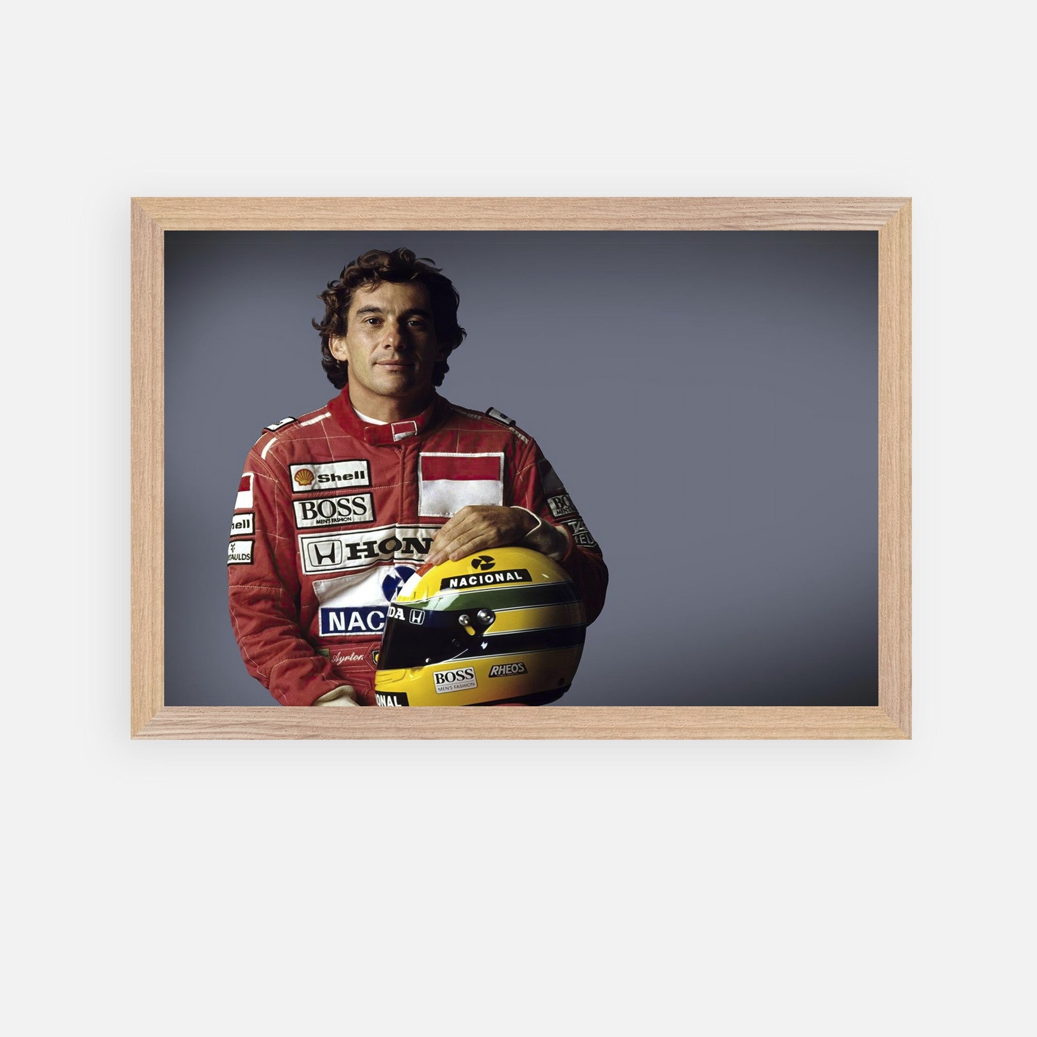 Ayrton Senna framed fine art print, featuring his iconic racing helmet and red racing suit, showcasing motorsport legacy.