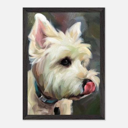 Westie dog painting in a vintage frame, showcasing the playful spirit of a West Highland White Terrier.