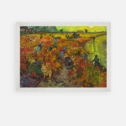 The Red Vineyard by Van Gogh framed art print showing grape harvesters in autumn landscape.