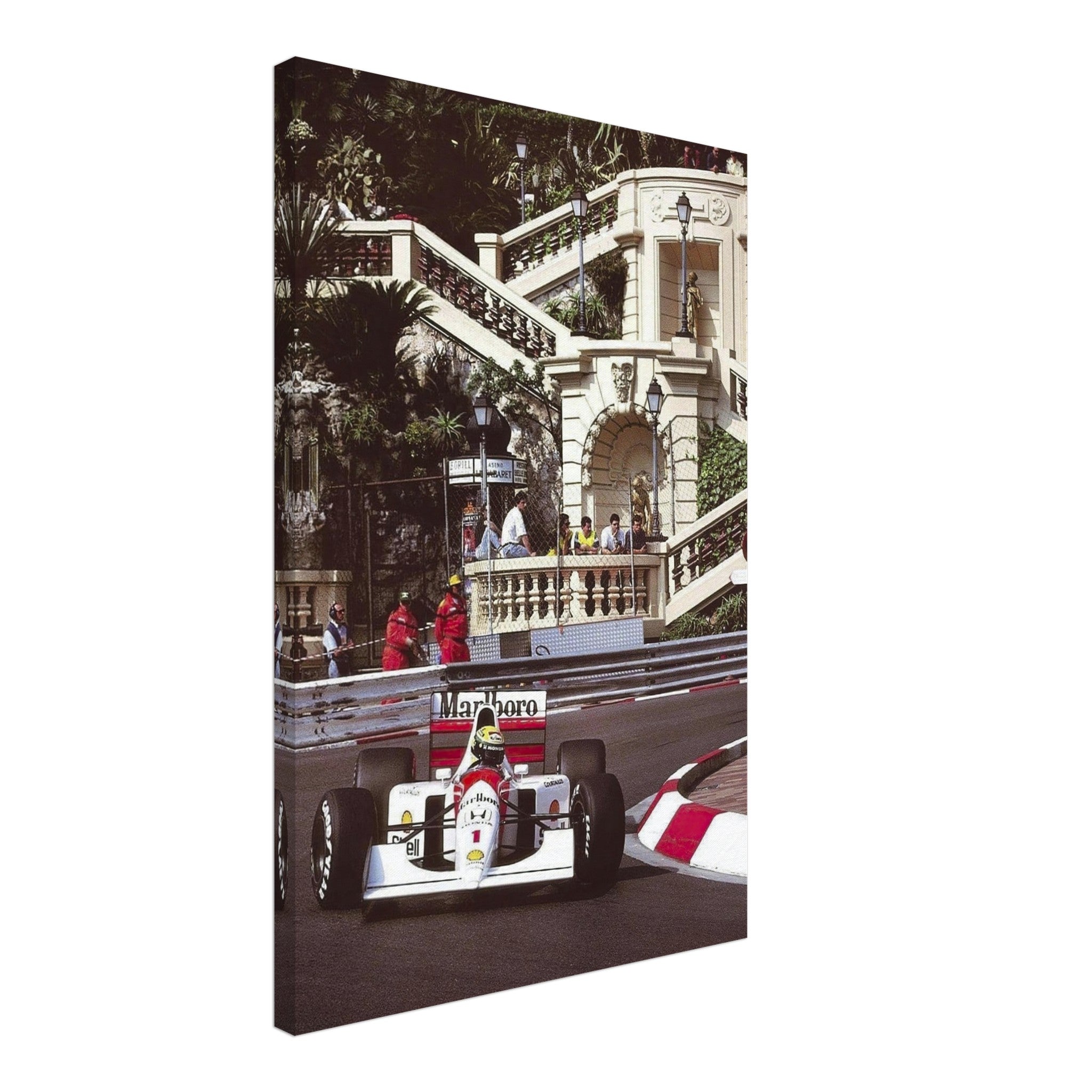 Ayrton Senna racing in McLaren at Monaco, premium canvas print capturing motorsport history and vibrant colors.