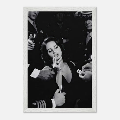 Lana Del Rey smoking in a vintage black-and-white photograph framed elegantly, surrounded by admirers.