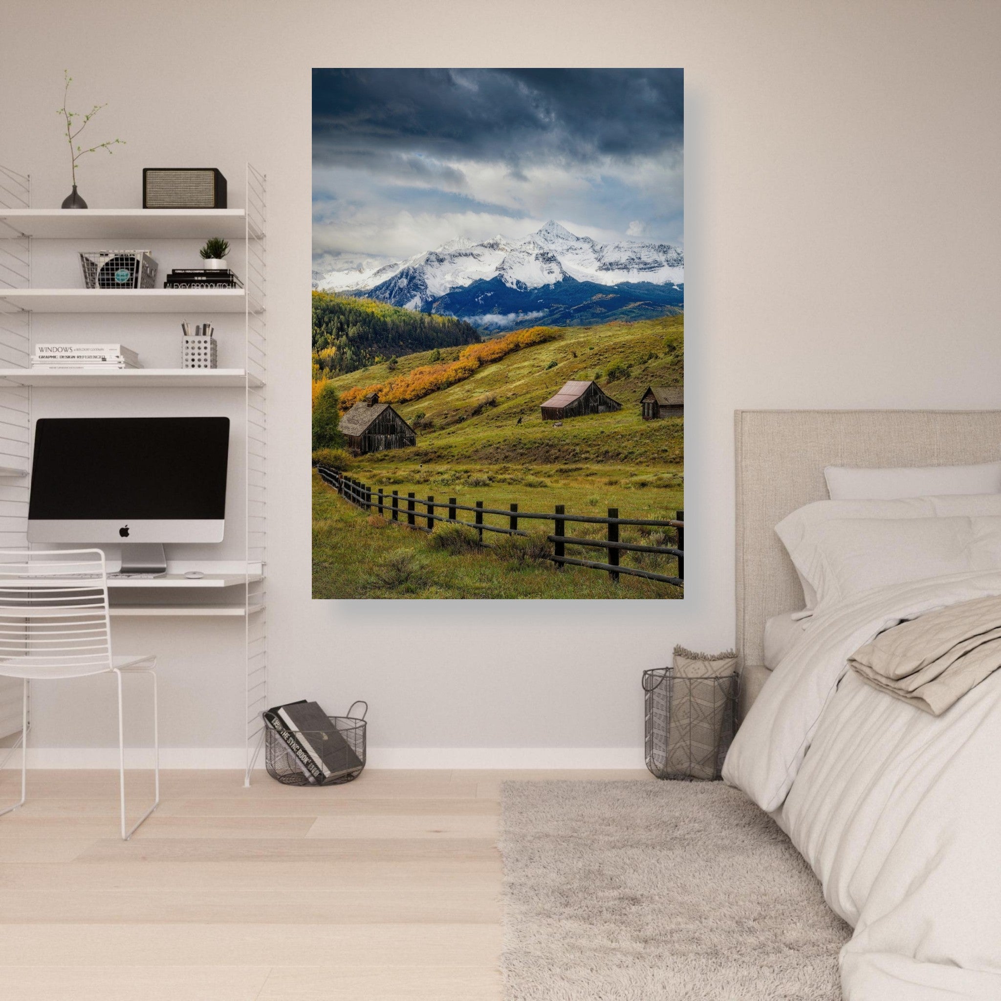 Beautiful Telluride, Colorado poster featuring rustic barns and snow-capped mountains in a serene landscape.