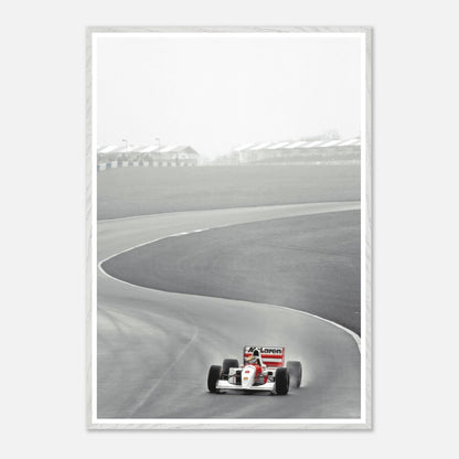 Ayrton Senna racing in a McLaren MP4/4, framed giclée fine art print capturing the essence of Formula 1 speed.