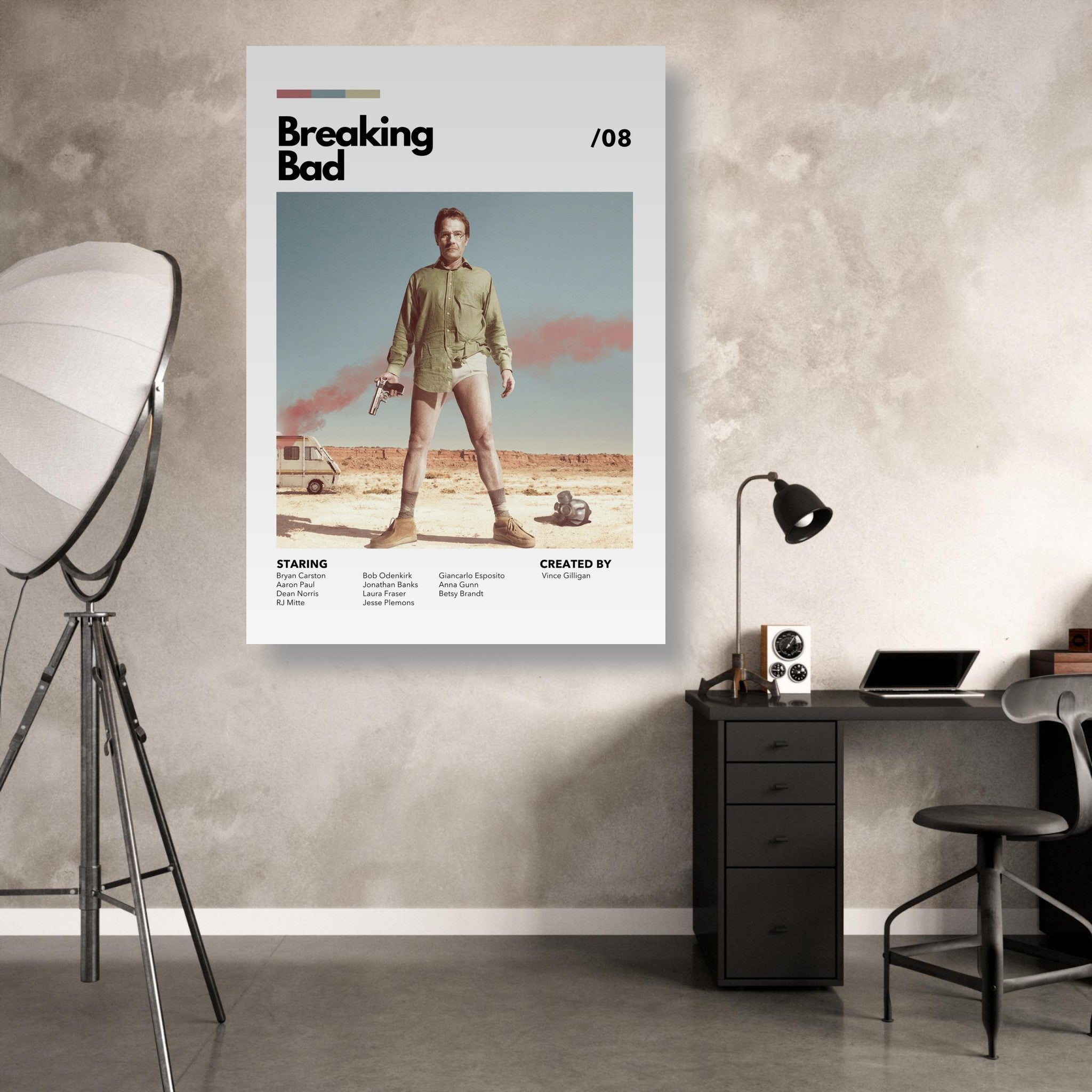 Retro Breaking Bad metal print featuring Walter White in desert attire, perfect for home décor and fans of the series.