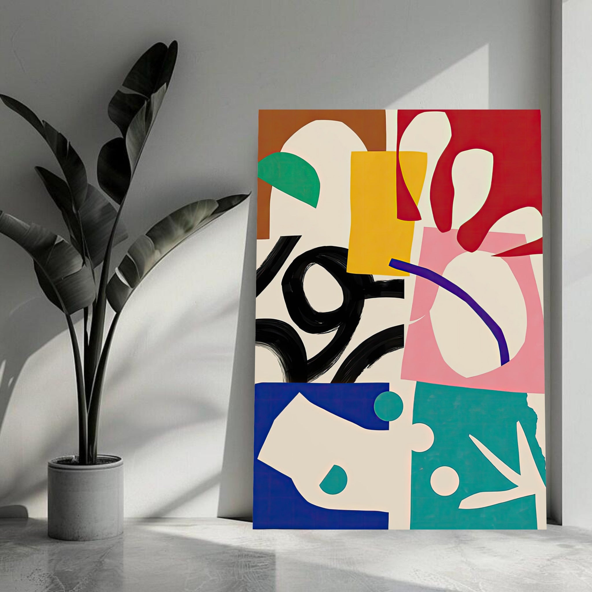 Abstract Harmony Metal Print featuring bold colors and shapes, enhancing modern decor in a stylish interior.