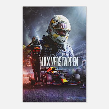 Max Verstappen Red Bull Racing metal print featuring dynamic racing action and vibrant colors on aluminum surface.