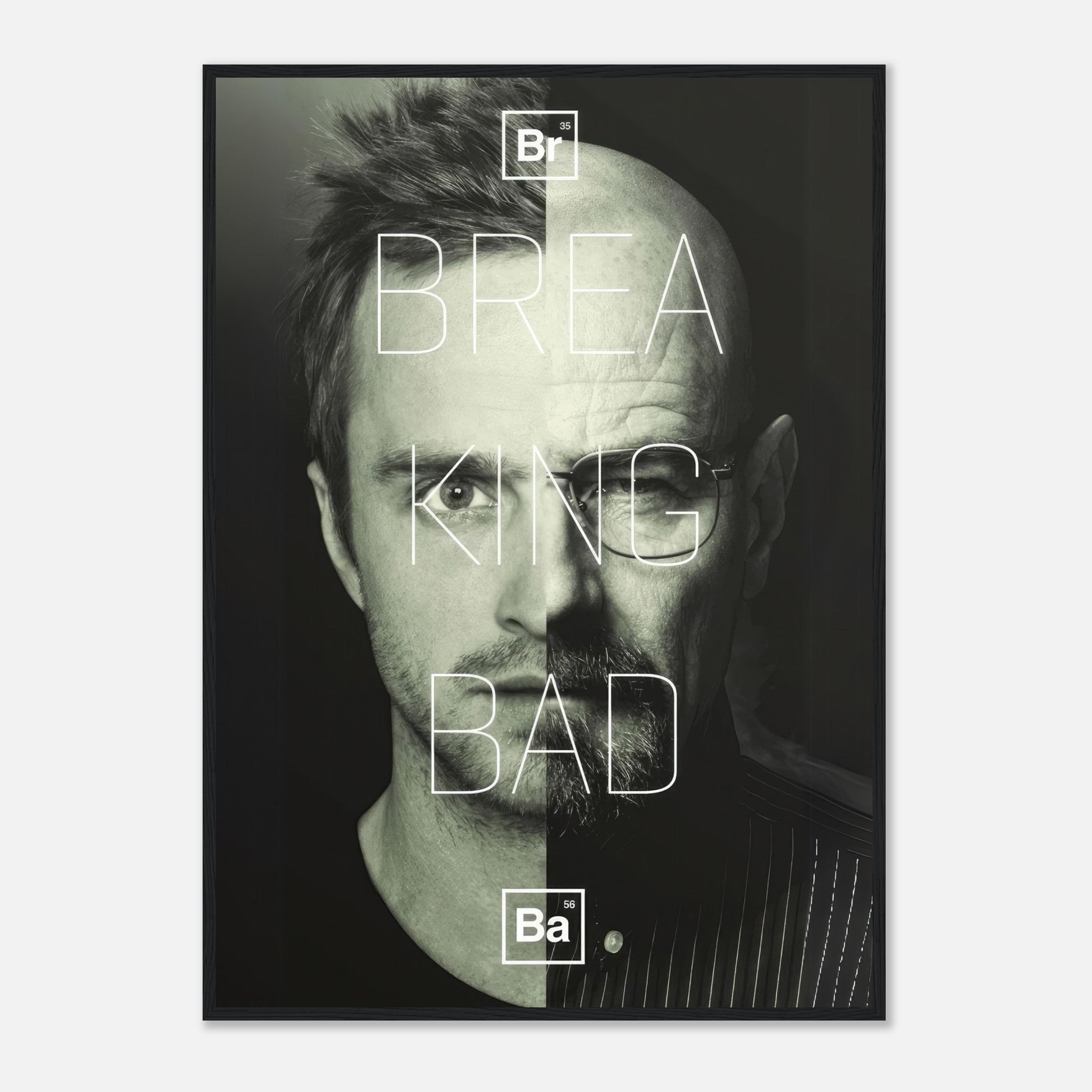 Jesse x Walter Breaking Bad framed print featuring a bold split-face design in high resolution. Perfect for fans.