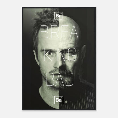 Jesse x Walter Breaking Bad framed print featuring a bold split-face design in high resolution. Perfect for fans.