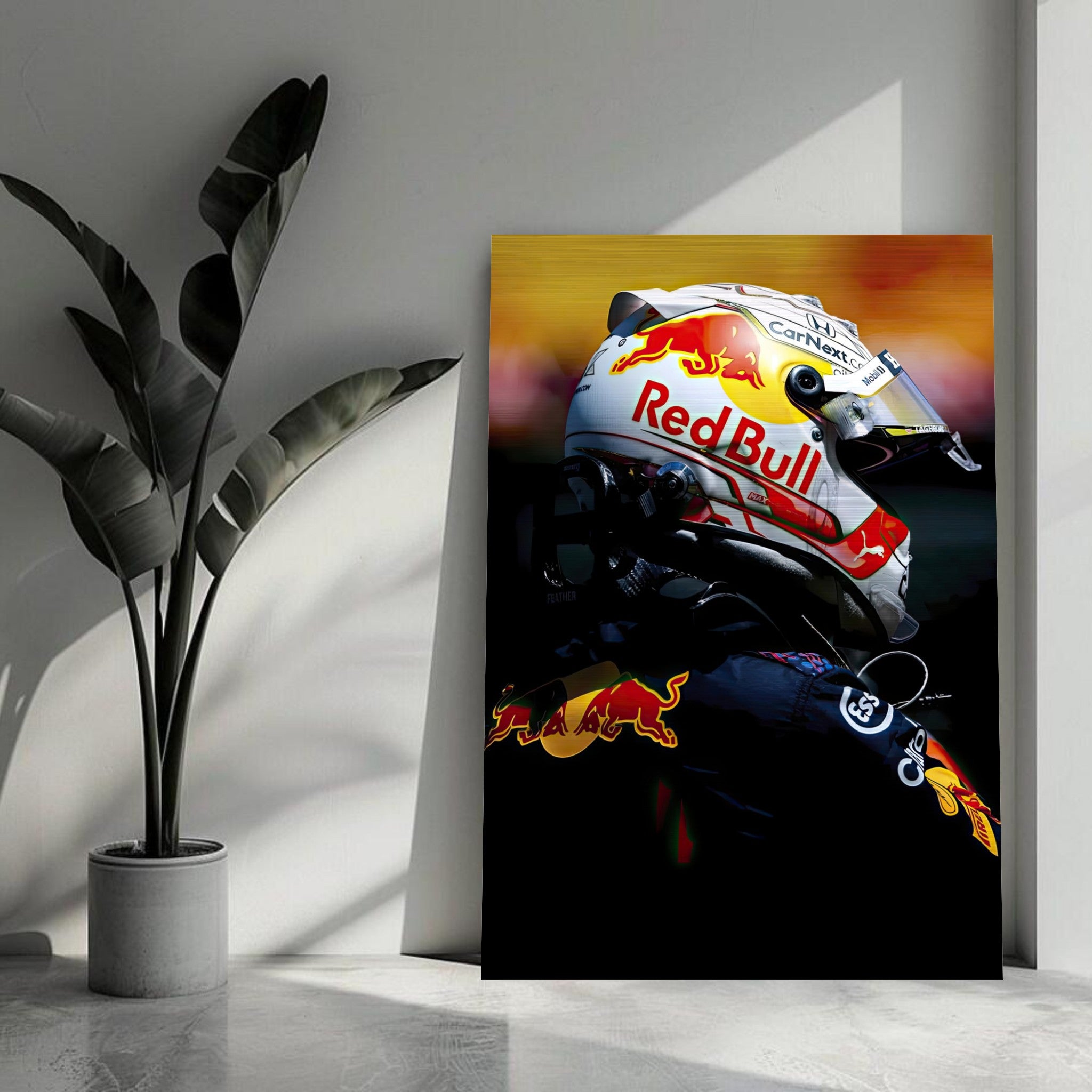 Max Verstappen brushed metal print featuring Red Bull Racing helmet, modern decor piece with unique depth and stunning details.