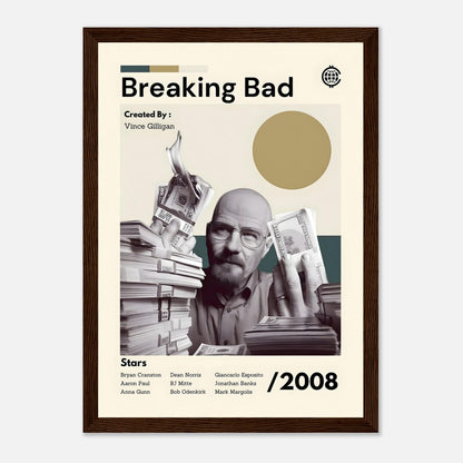 Framed print of "Breaking Bad" featuring Walter White, celebrating the show's iconic transformation and creativity.