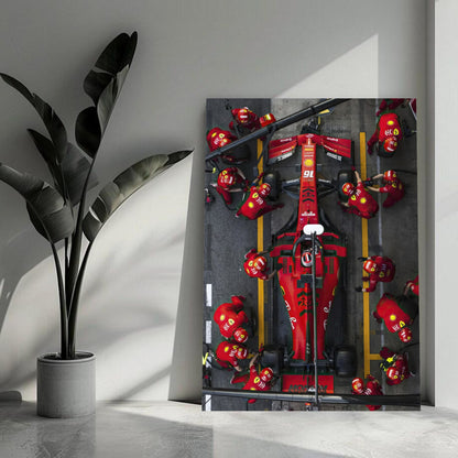 Formula 1 Ferrari pitstop metal print, showcasing vibrant colors and dynamic imagery, ideal for racing enthusiasts.