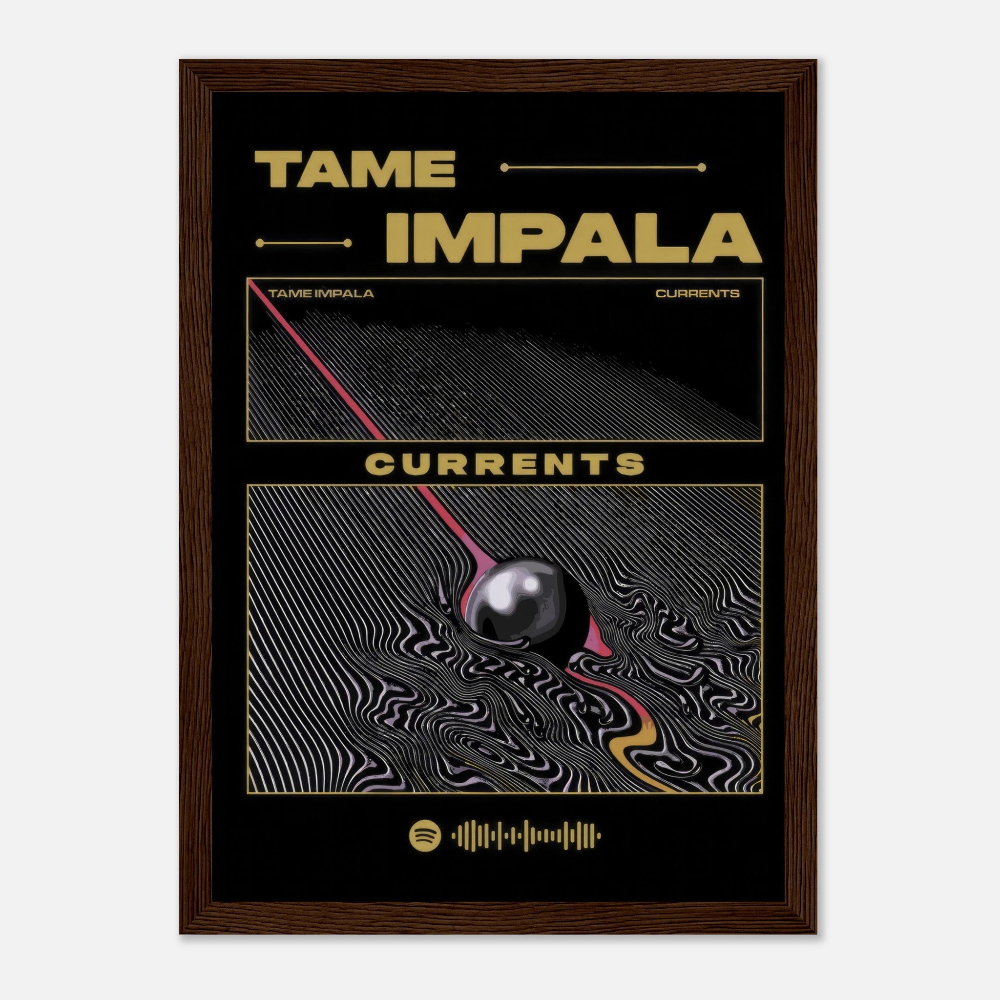 Tame Impala Currents framed poster featuring iconic psychedelic album cover art and vibrant design.