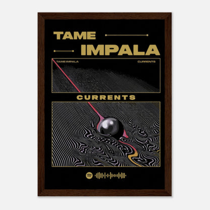 Tame Impala Currents framed poster featuring iconic psychedelic album cover art and vibrant design.