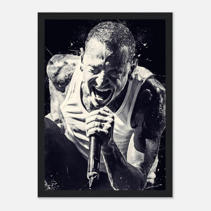 Chester Bennington framed print poster showcasing powerful black-and-white design, capturing his intense stage presence.