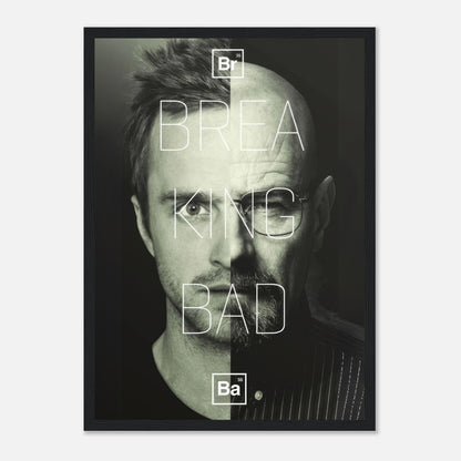 Framed print featuring Jesse and Walter from Breaking Bad with bold split-face design and dramatic typography.