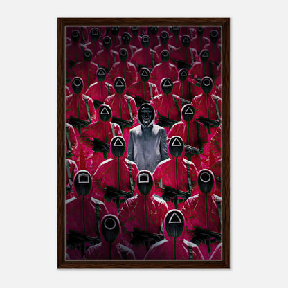 Framed canvas print of Squid Game guards in red uniforms with distinctive masks, showcasing suspenseful series imagery.